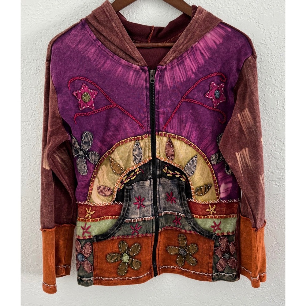 Tie Dye Boho Patchwork Embroidered Hoodie Women's Large Festival Hippie Fairy